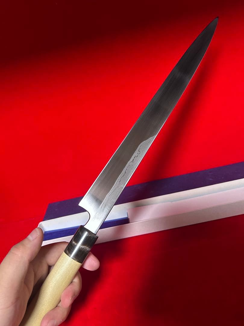 01522 包丁　重房作　柳刃　尺　墨流　スウェーデン鋼　箱付　未使用品