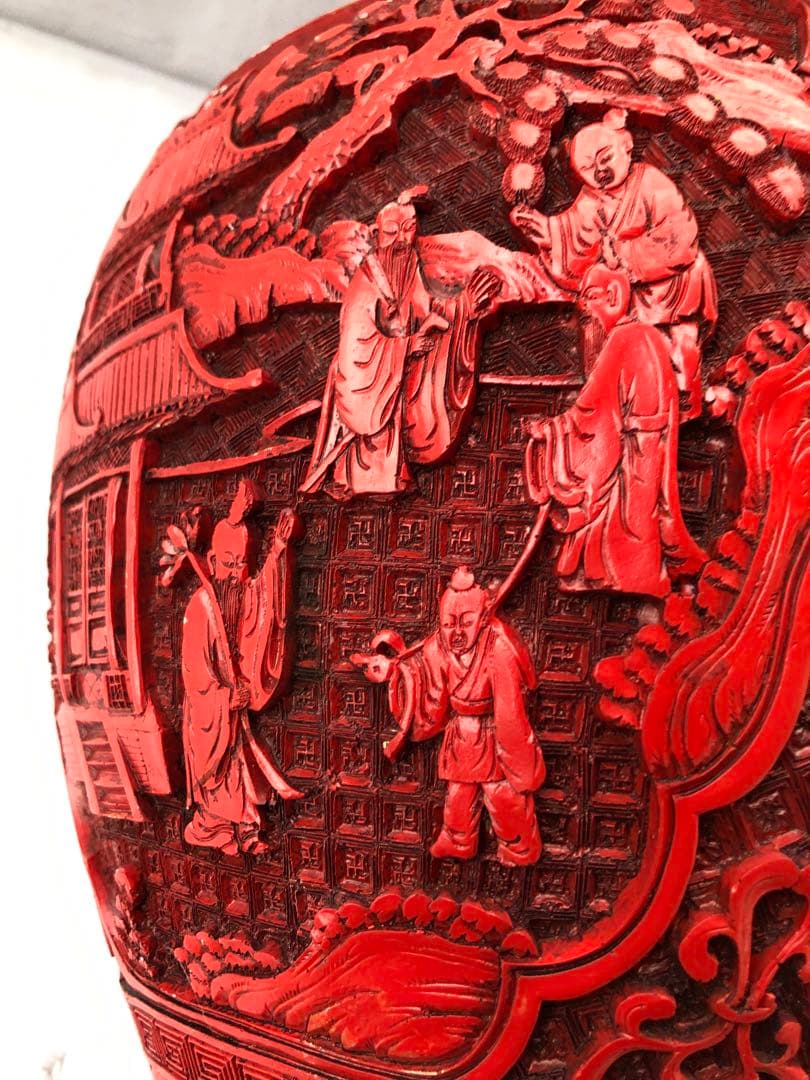 中国美術 人物彫文堆朱花瓶 高48cm 銅製 細密細工 花文 骨董(I95)
