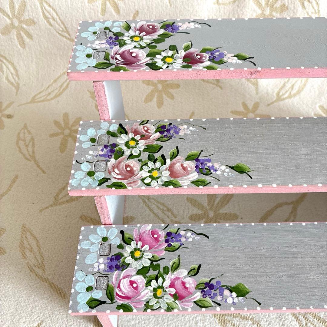 トールペイント 木製3段傾斜シェルフ、キャニスターラック、ディスプレイスタンド