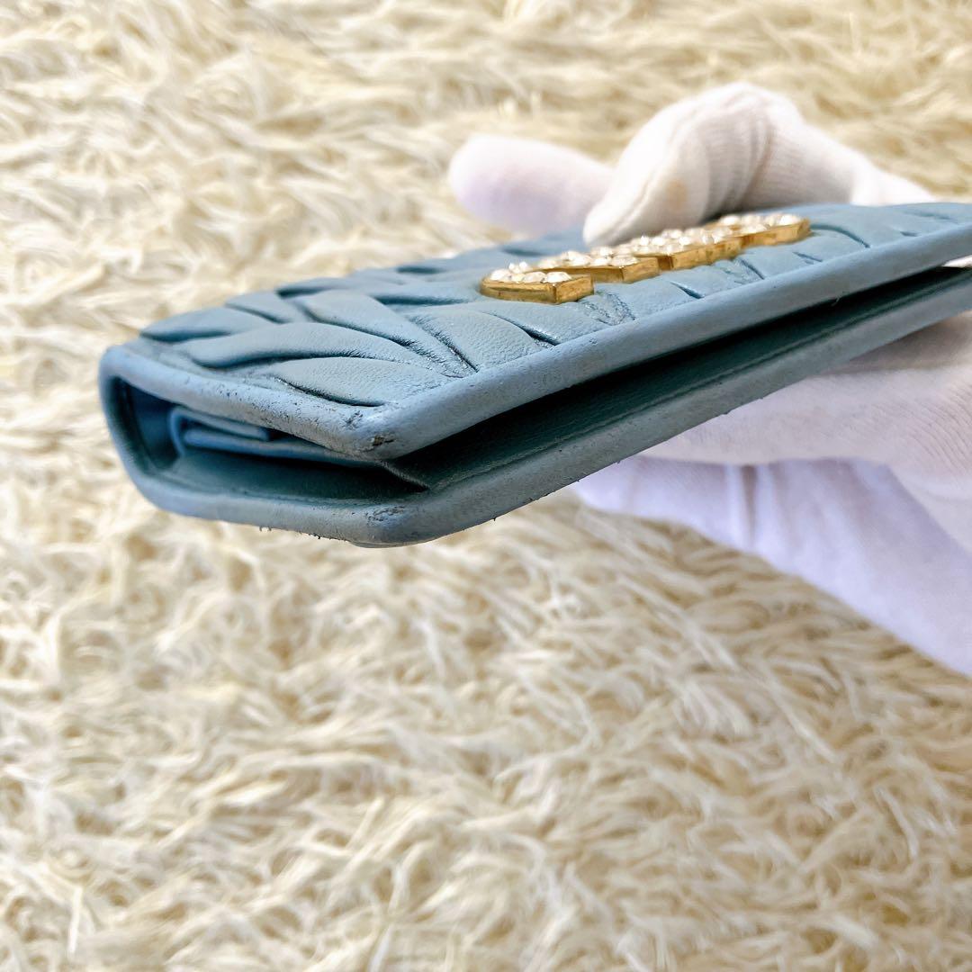 箱付✨ミュウミュウ 二つ折り財布 ビジュークリスタル マテラッセブルー RFID