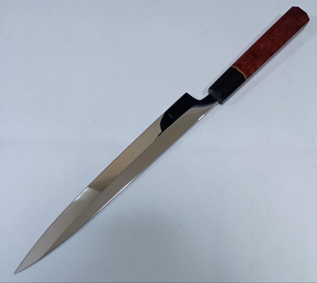 ステン本焼 Ｖ金10号鋼 柳刃 27cm ９寸 包丁 右片刃 鏡面 八角柄 鞘付
