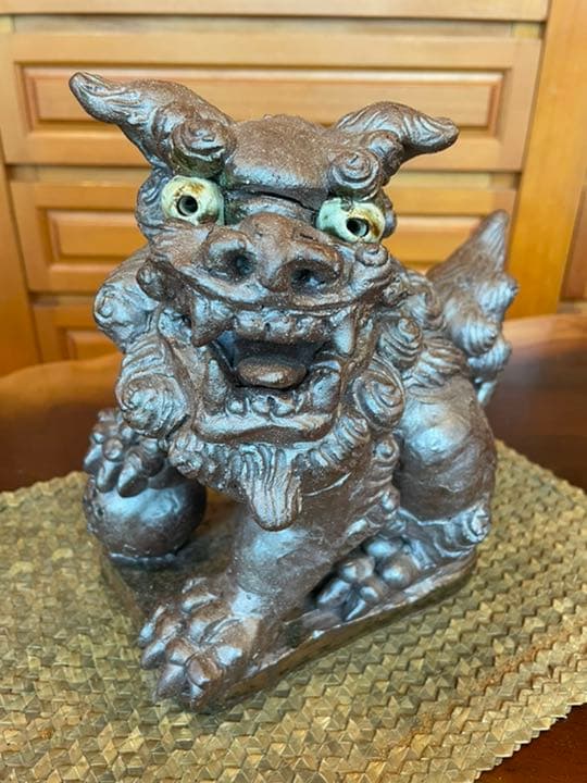 名工 島常賀 焼き〆台付きシーサー小 23cm 壺屋焼