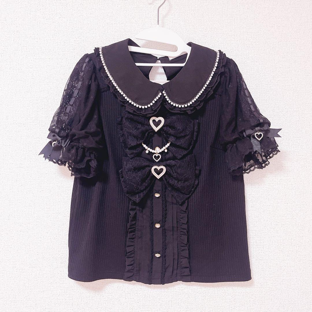 LIZLISA ダブルリボンパフスリーブリブカットトップス