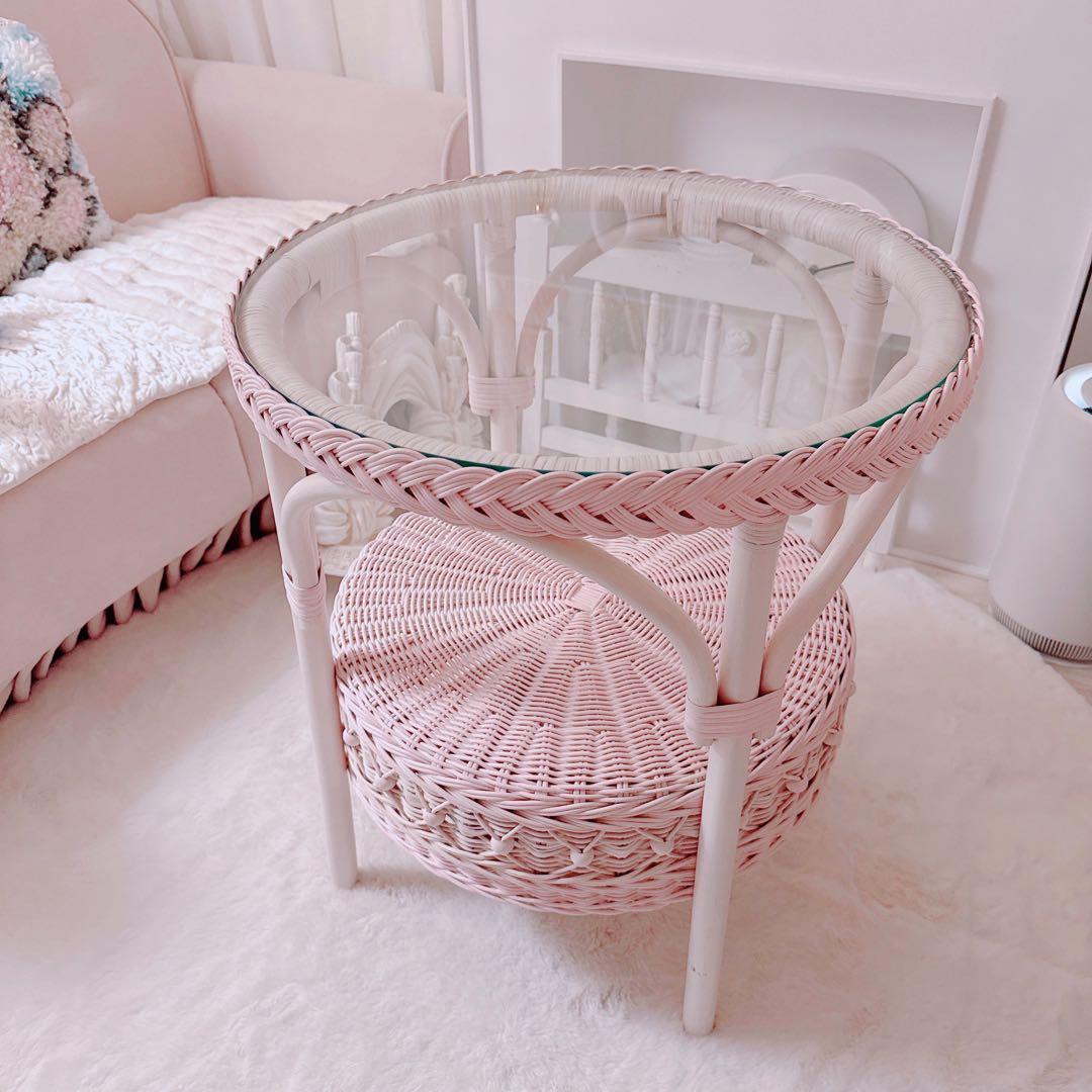 ガラステーブル ラウンド ベビーピンク ウィッカー ラタン