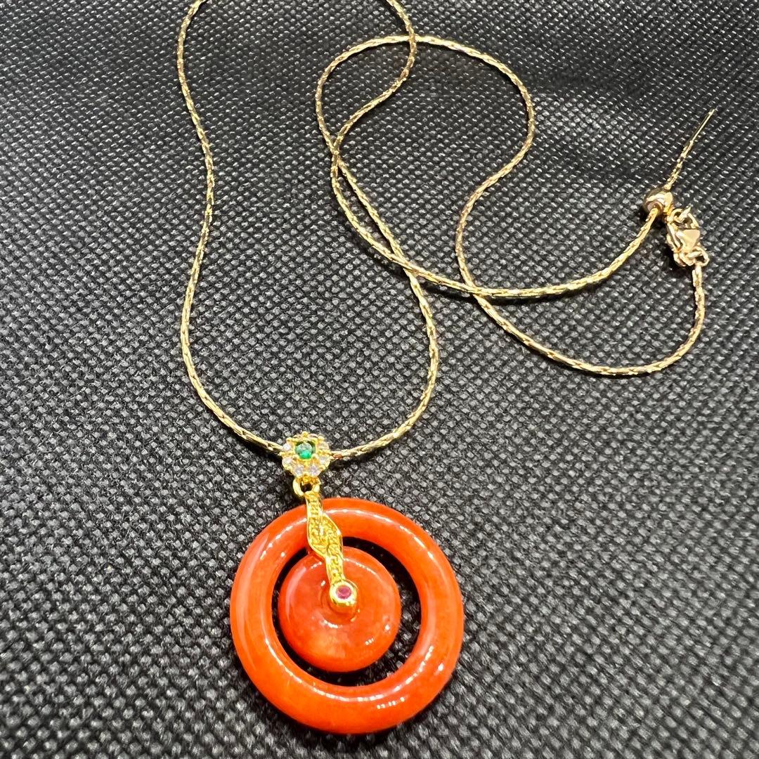 天然オレンジ翡翠の子母平安ボタンのペンダントトップAB1036