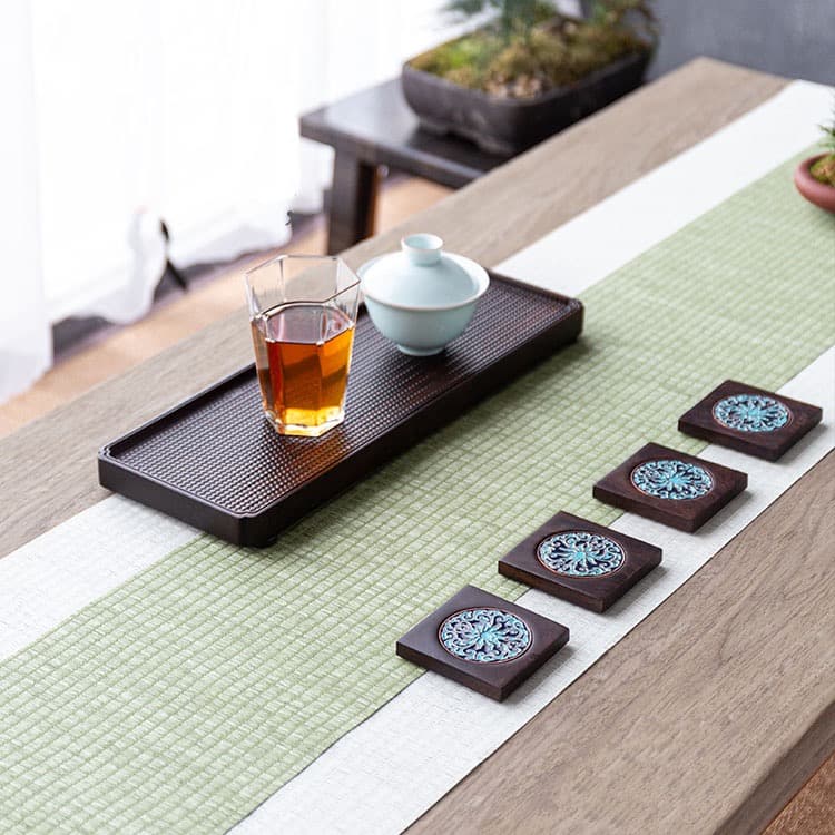 防水テーブルランナー  台湾茶道具 茶席 マット（若葉色+白 2m） 2枚セット