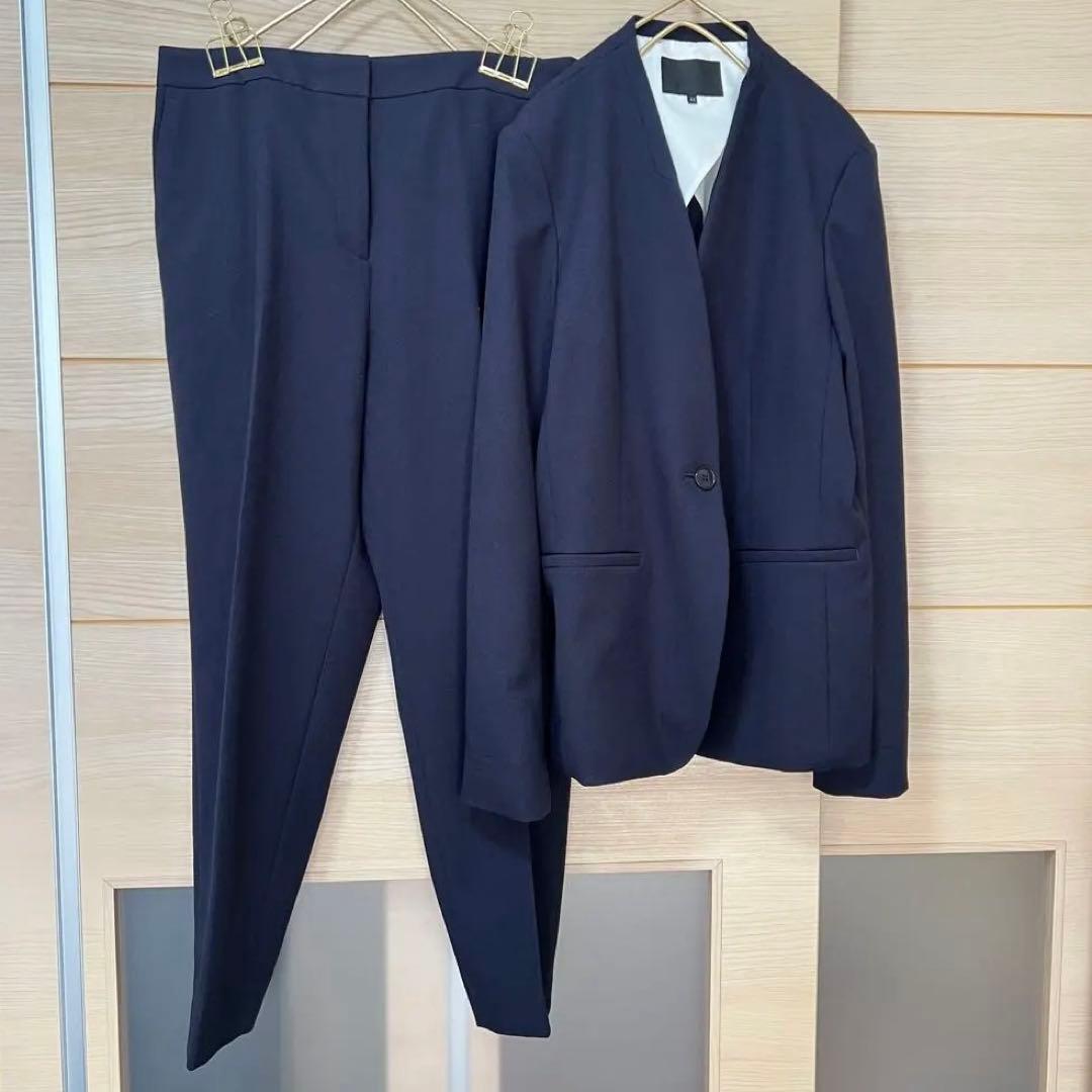 【美品】ICB★パンツスーツ ネイビー 濃紺 秋冬 ビジネス 仕事 LL 洗える