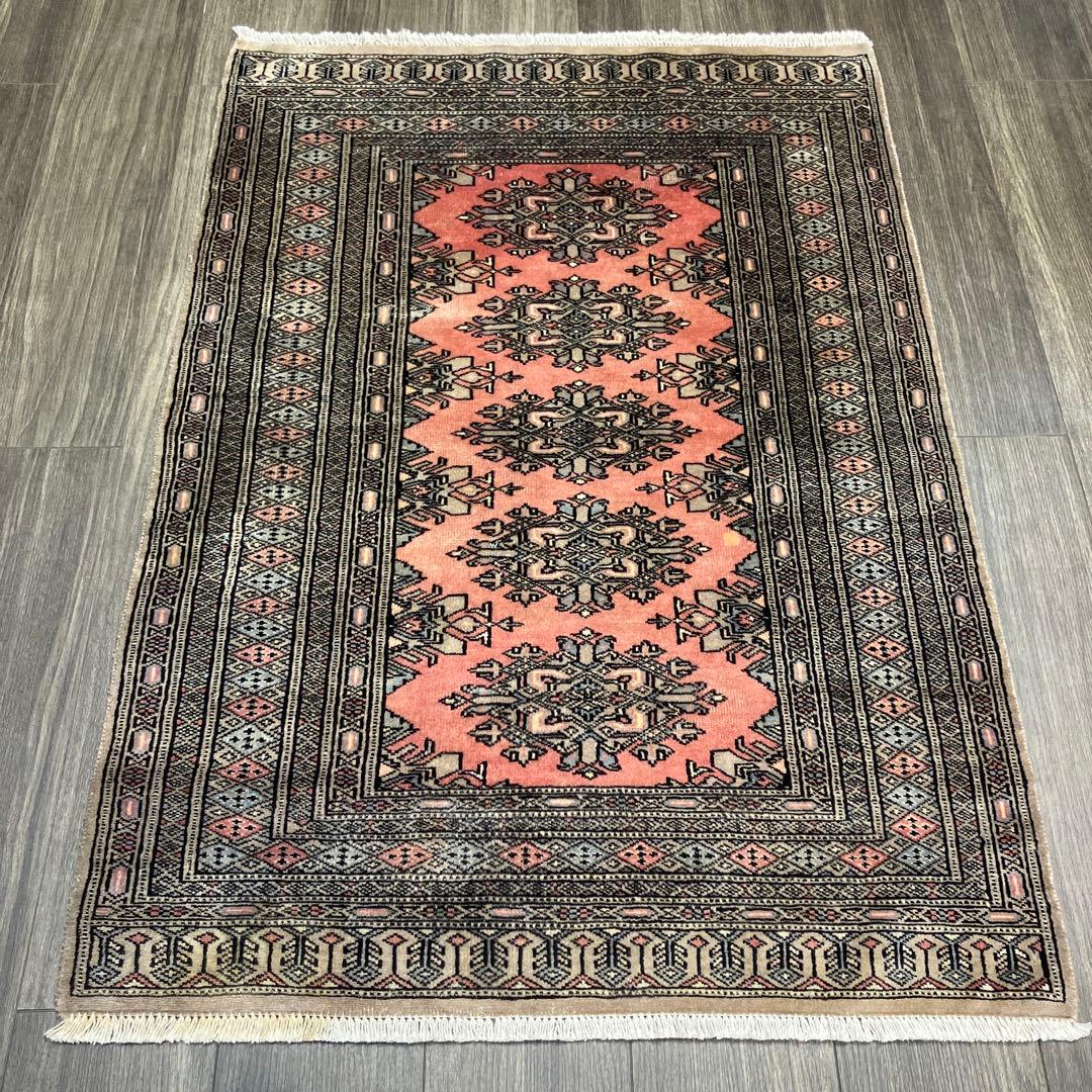 130x90cmカシミリヤンのアンテイーク絨毯トライバルラグ可愛いピンク色合い