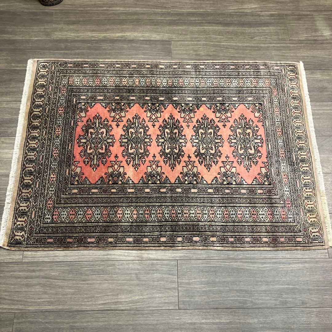 130x90cmカシミリヤンのアンテイーク絨毯トライバルラグ可愛いピンク色合い