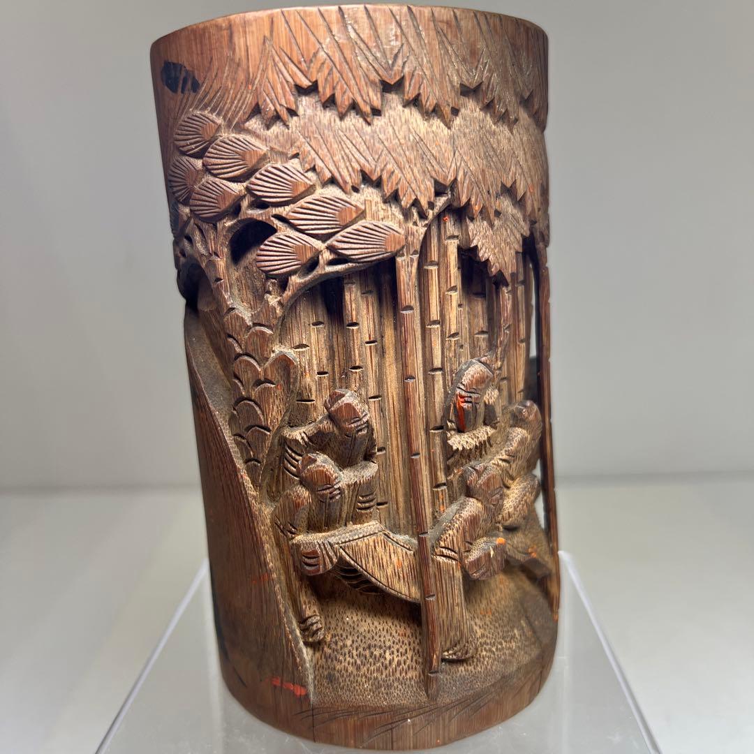 時代竹製浮彫筆筒　高さ14㎝　東Y7-0606①タエオ