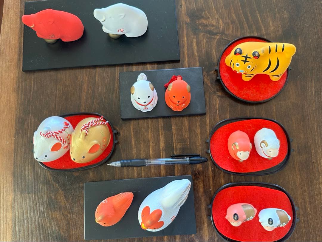 干支　紅白　置物　陶器　薬師窯　7セット