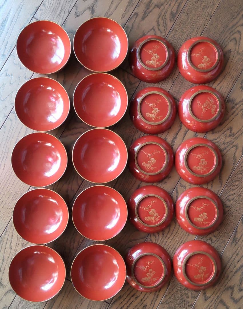 骨董　漆塗り　皆朱　沈金　菓子椀10客