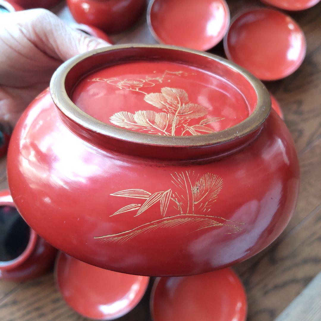 骨董　漆塗り　皆朱　沈金　菓子椀10客