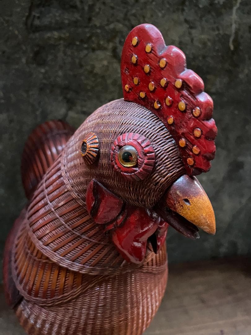 希少 1940's ヴィンテージ 上海伝統工芸 竹細工 雄鶏 ラタン オブジェ