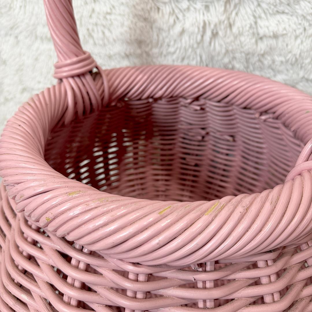 【希少】 ビッグサイズ ラタンバスケット かご ピンク 昭和レトロ インテリア