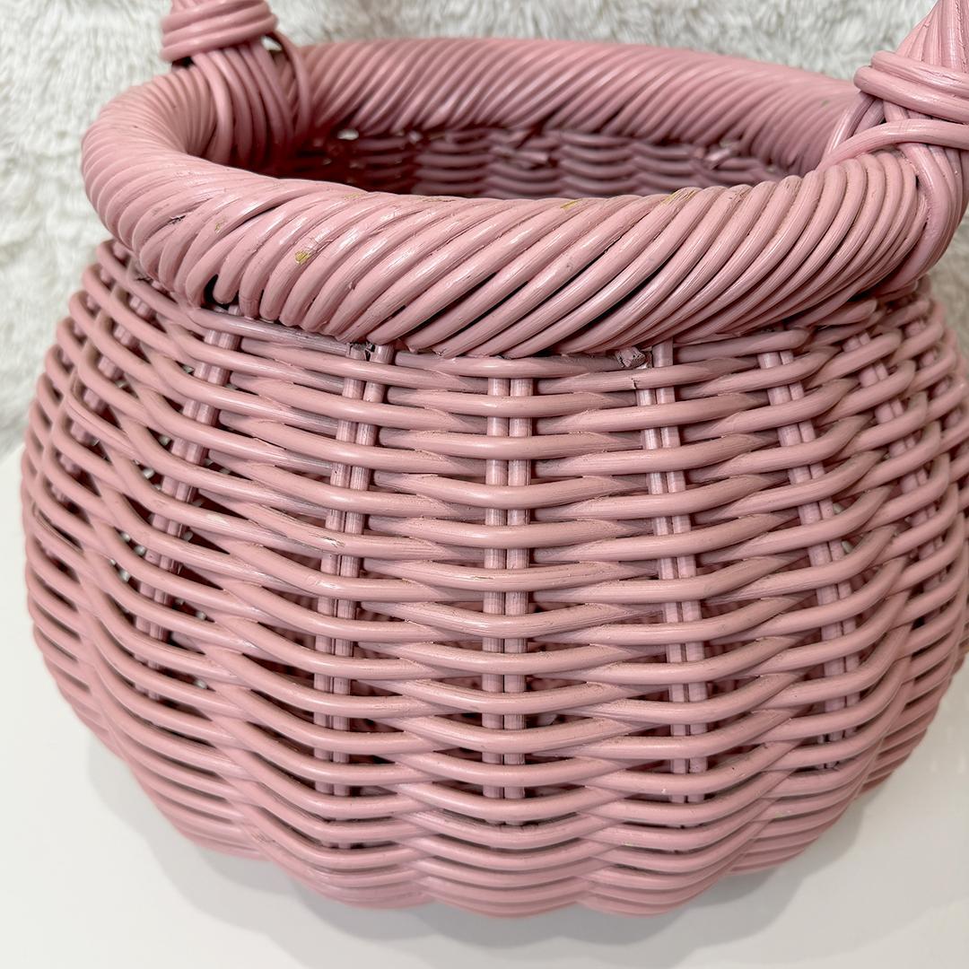 【希少】 ビッグサイズ ラタンバスケット かご ピンク 昭和レトロ インテリア