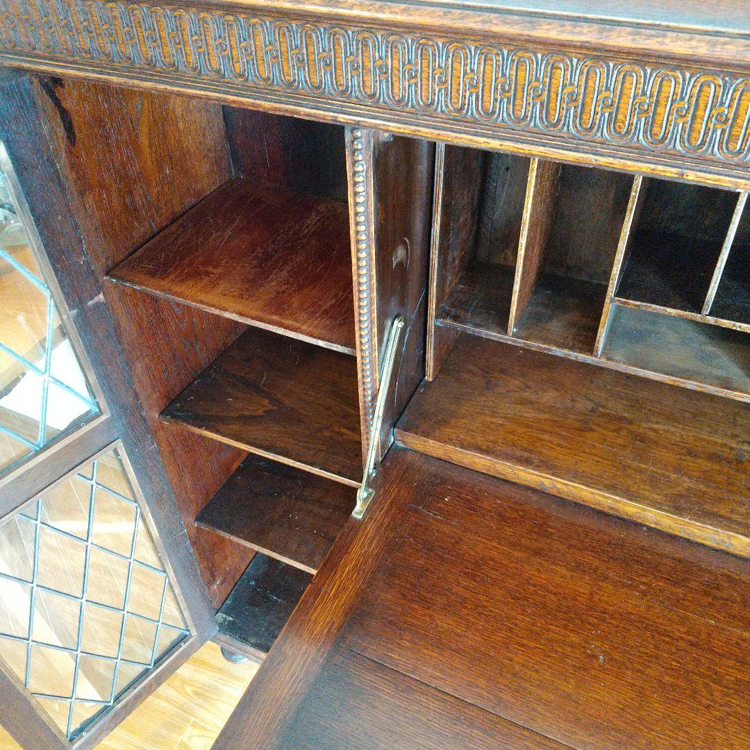 イギリス　アンティーク家具　ビューロー　オーク　本棚　サイドバイサイド