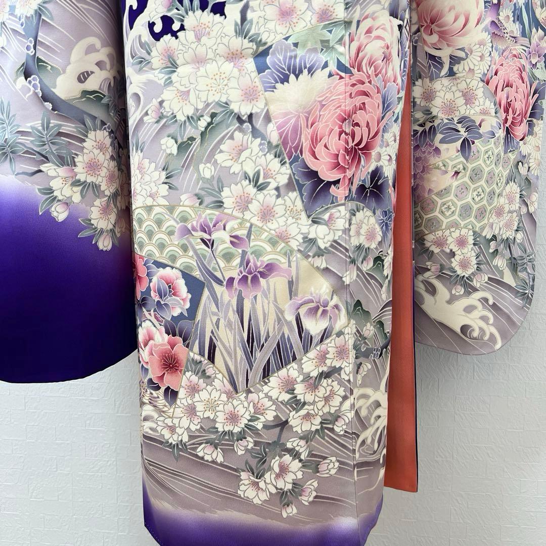 479 振袖フルセット 正絹 青紫 ピンク 金彩 暈し染め 華やか 地紙 立波