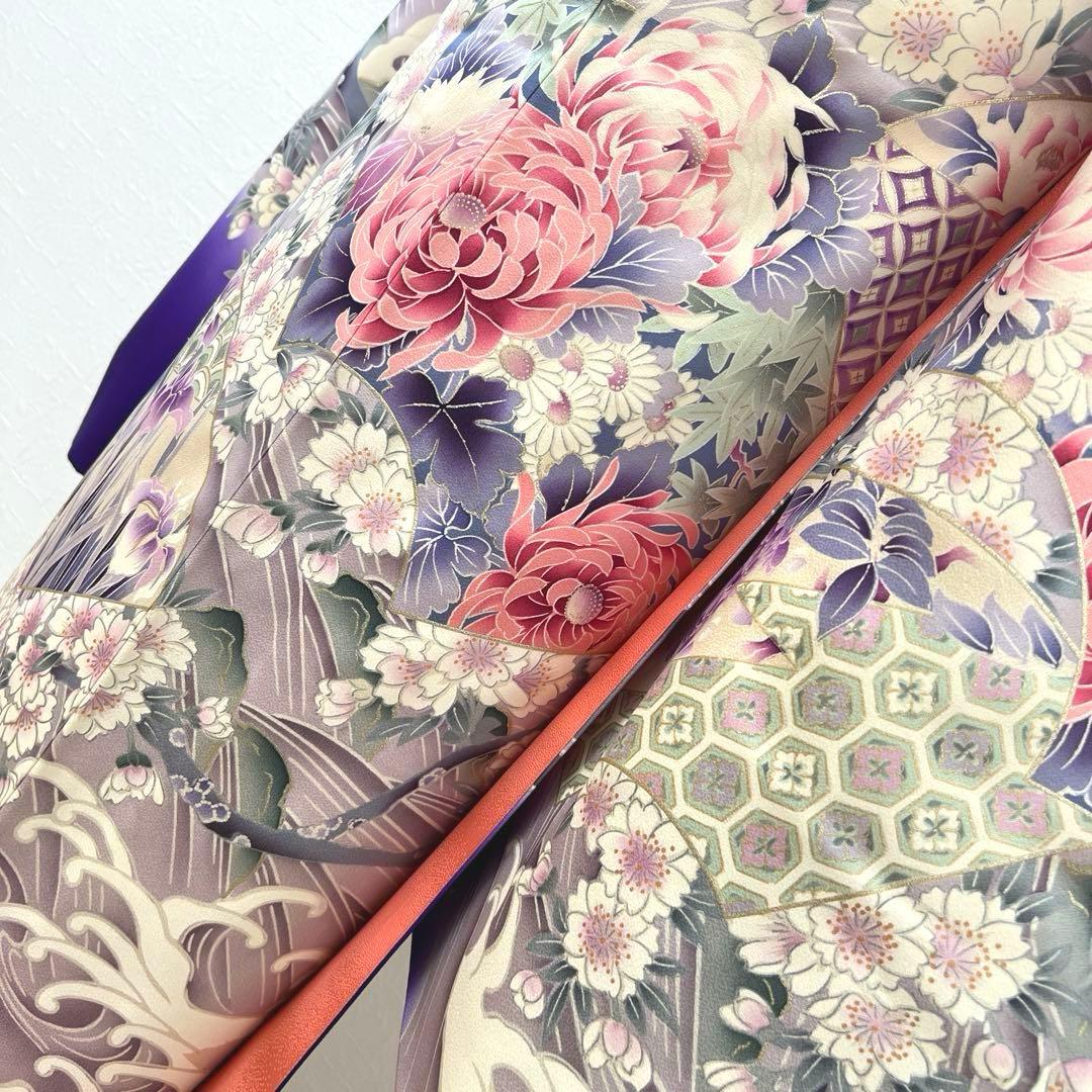 479 振袖フルセット 正絹 青紫 ピンク 金彩 暈し染め 華やか 地紙 立波