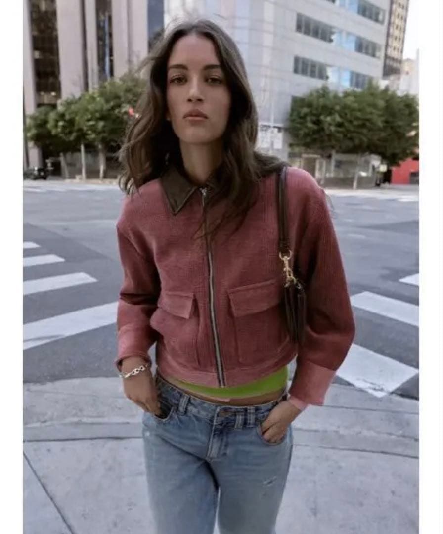 タグ付き新品★ZARAのコーデュロイフェイクレザー襟ジャケット★M★マルサラ色