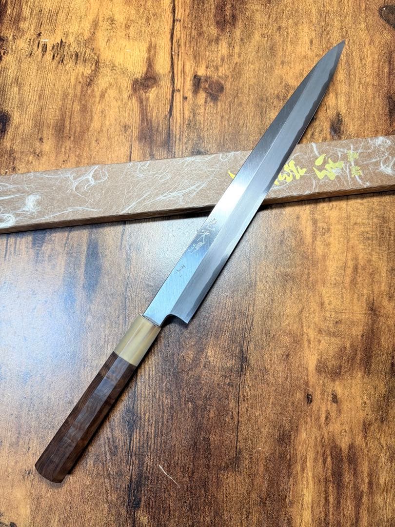 森本光一作　刺身　柳刃　白一鋼 尺　紫檀白水牛八角柄