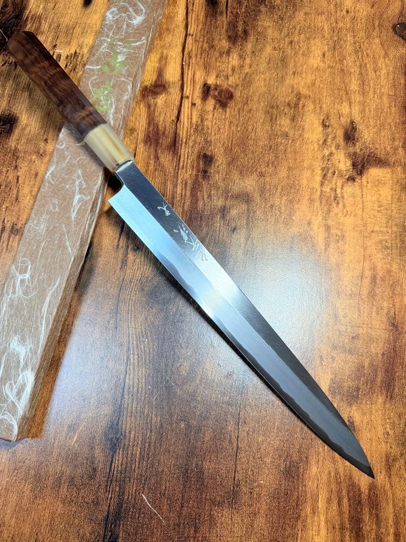 森本光一作　刺身　柳刃　白一鋼 尺　紫檀白水牛八角柄