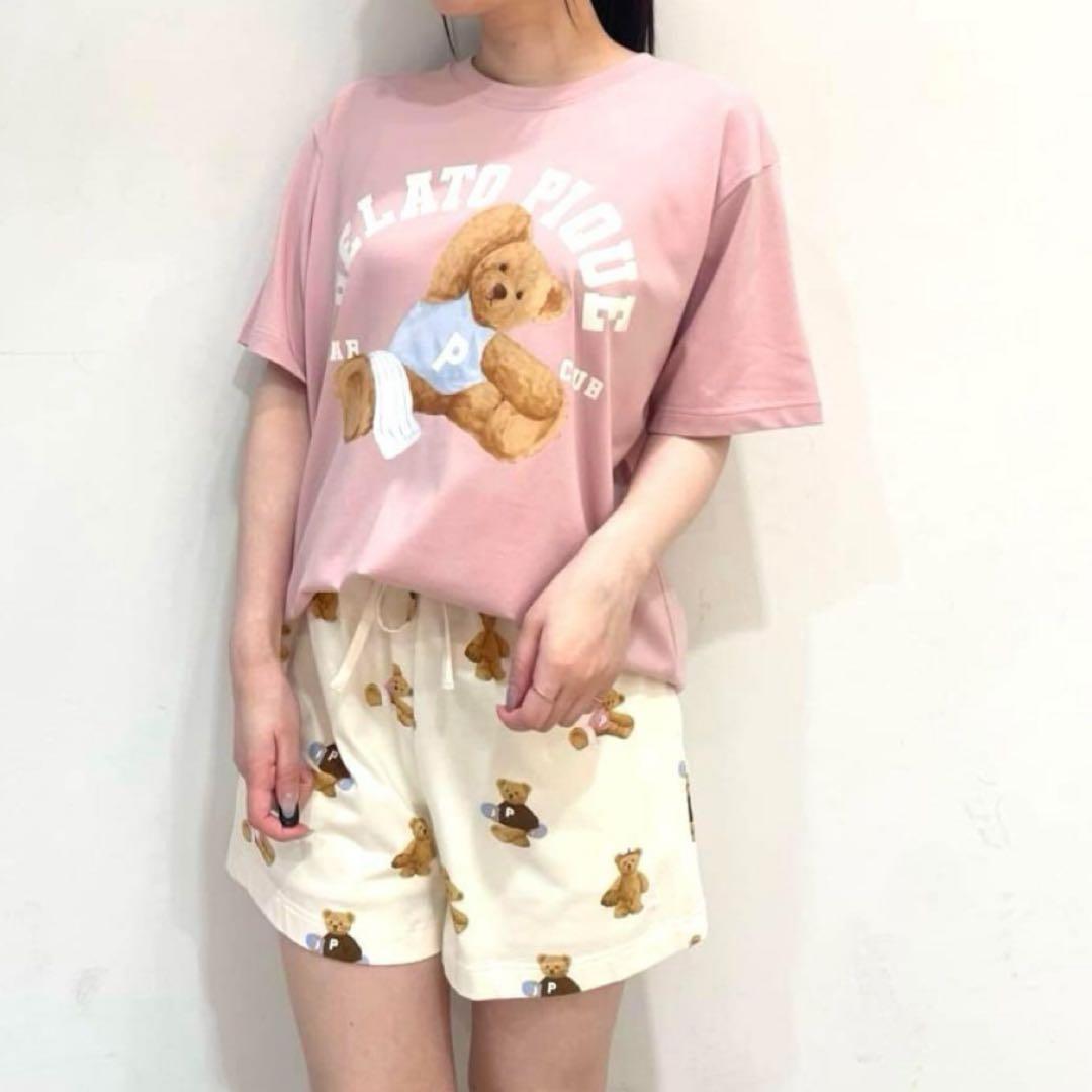 ジェラートピケ♡スポーティーベアワンポイントTシャツ＆総柄ショートパンツセット