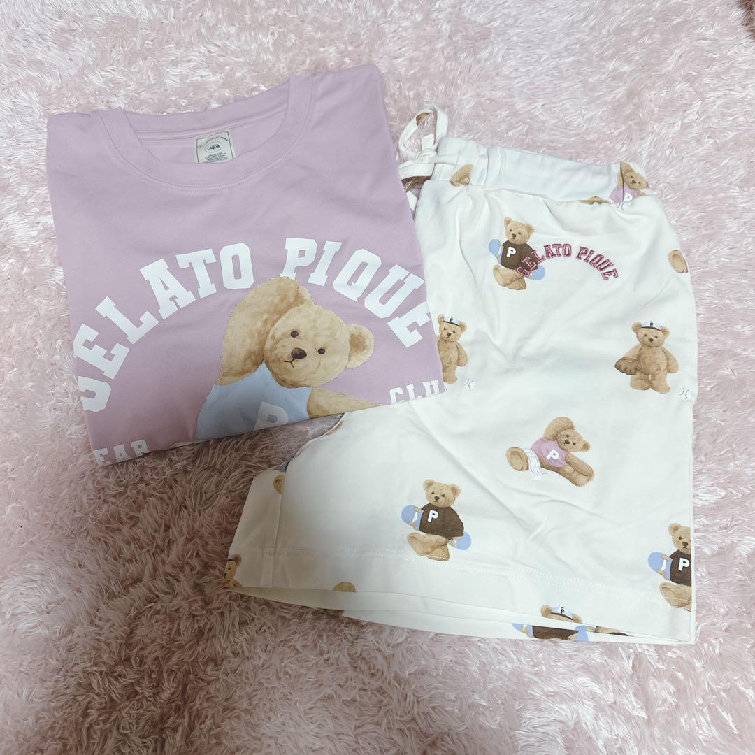 ジェラートピケ♡スポーティーベアワンポイントTシャツ＆総柄ショートパンツセット