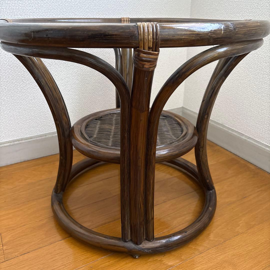 ラタン ガラステーブル 円形 籐 サイドテーブル 下段棚付き