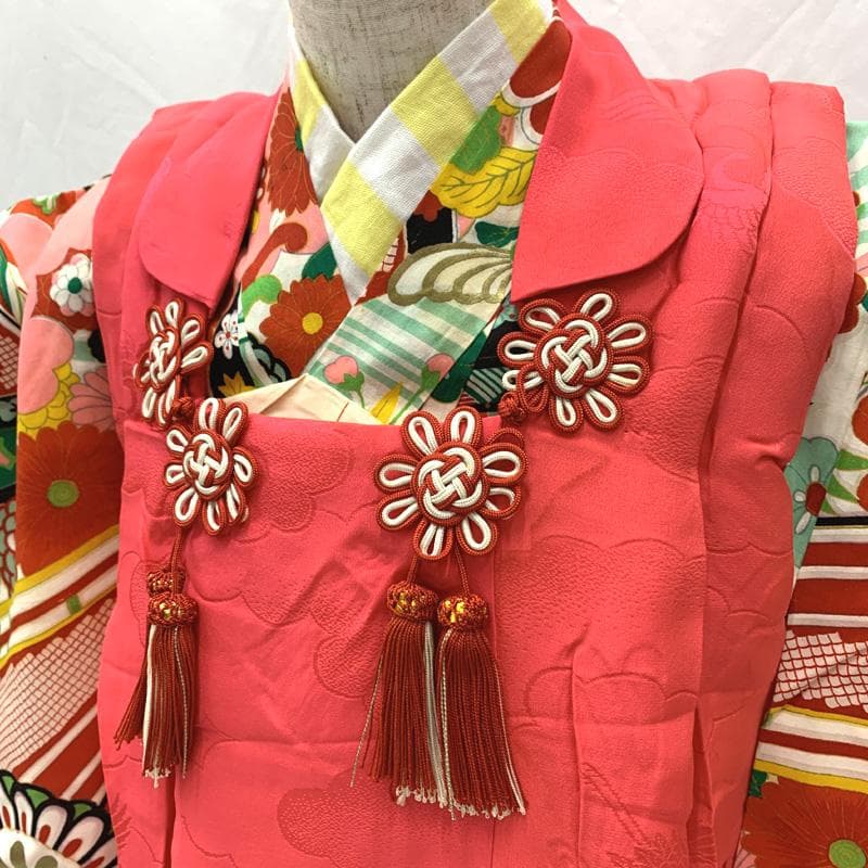 512ag73□七五三 三歳 セミアンティーク 女児 着物&被布 毬 菊 雲取□