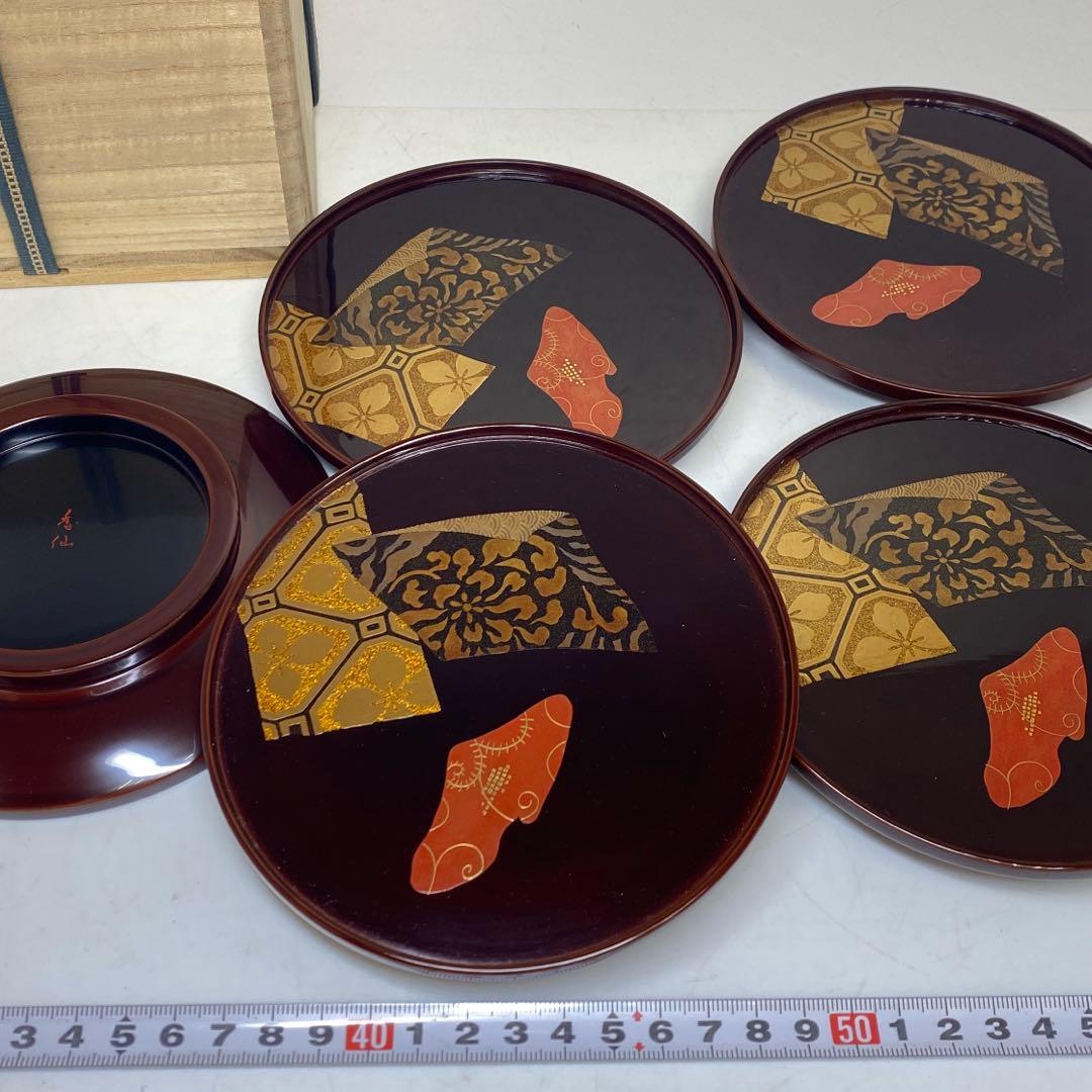 大下香仙 古代裂 蒔絵 銘々皿 共箱 w13.3cm 東キ8-0124①