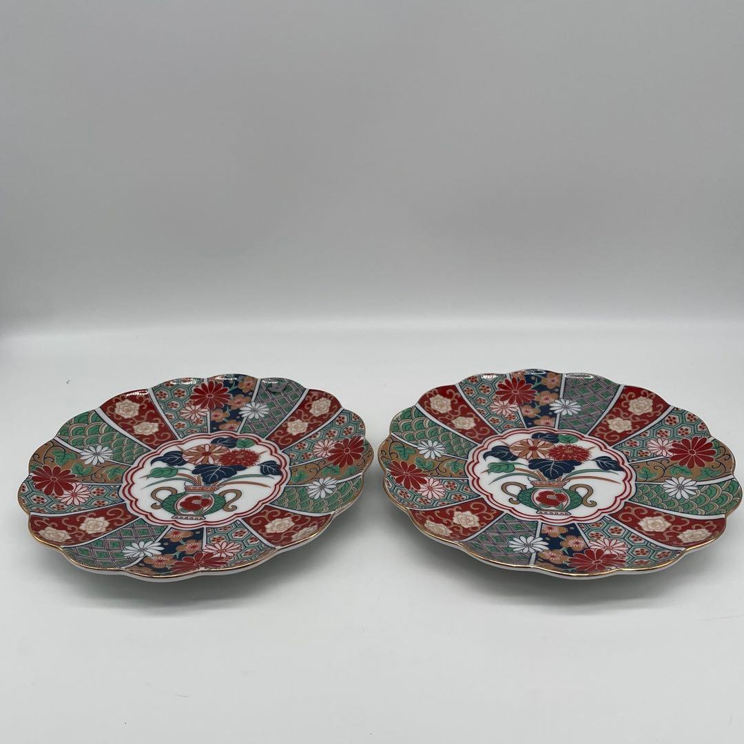 未使用 有田焼 陶扇菊割皿5枚セット 陶扇 田扇 菊割皿 錦絵 金彩 古伊万里