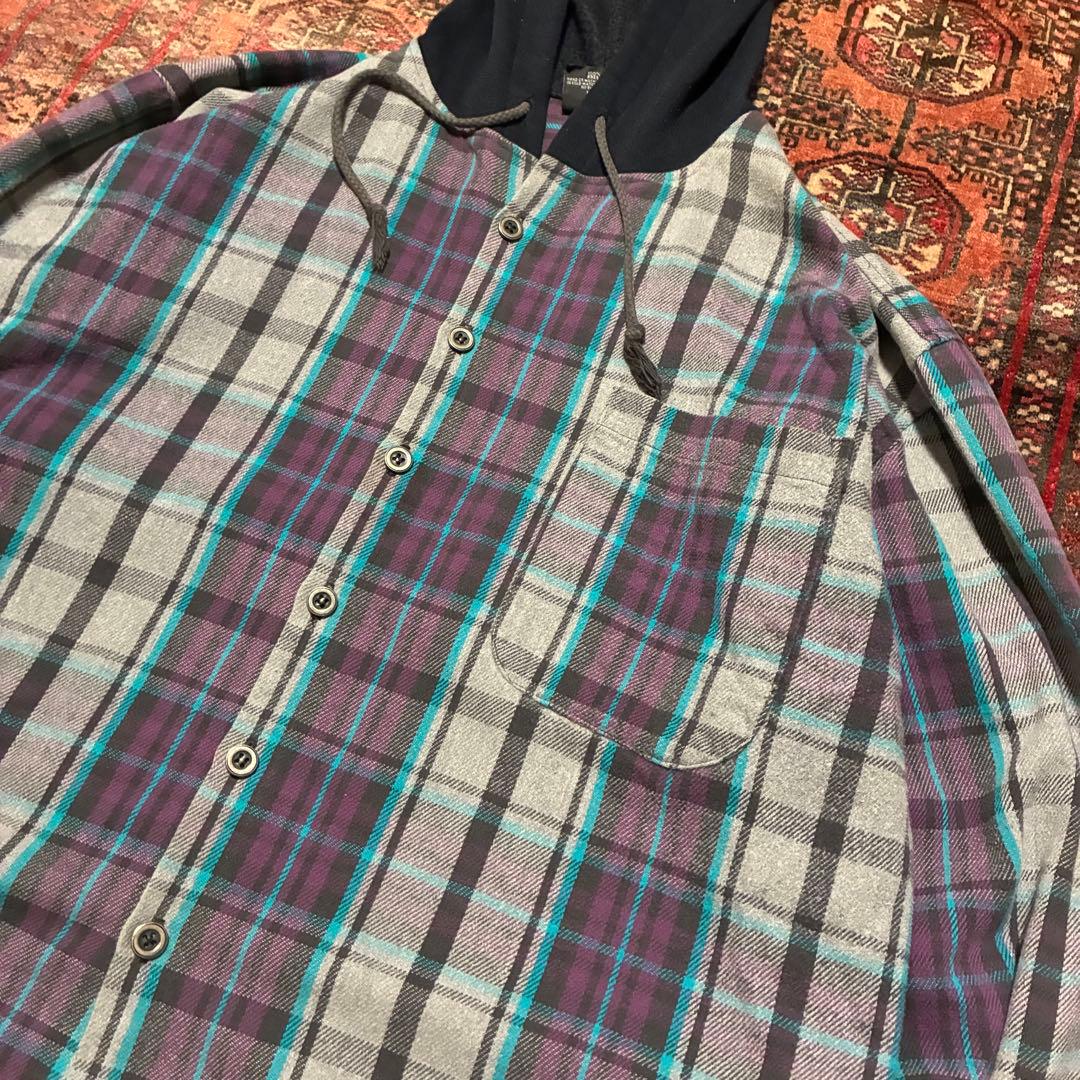 90S USA製 Vintage フランネルシャツ フード付 レイヤード