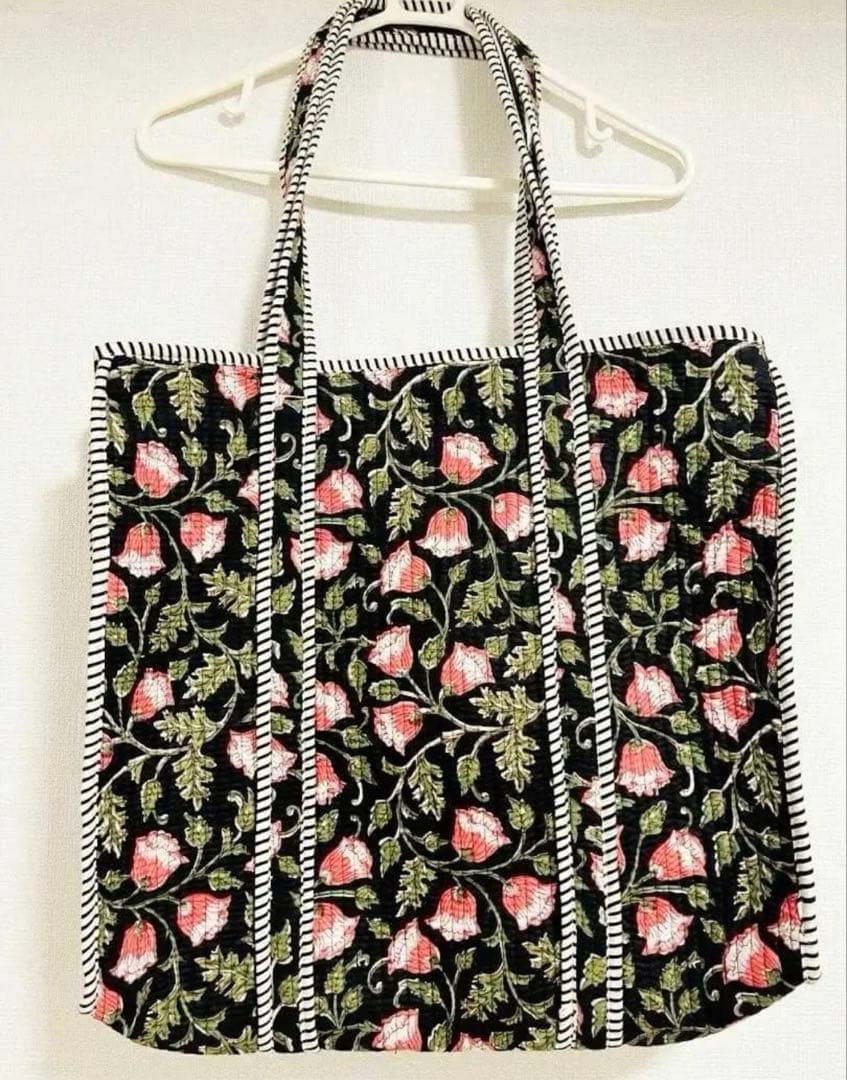 花柄ストライプトートバッグ キルティング ブロックプリント