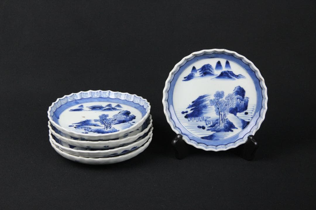 古伊万里 染付 山水 五枚 菓子皿 風景絵 江戸明治期 補修済み Eo21-7