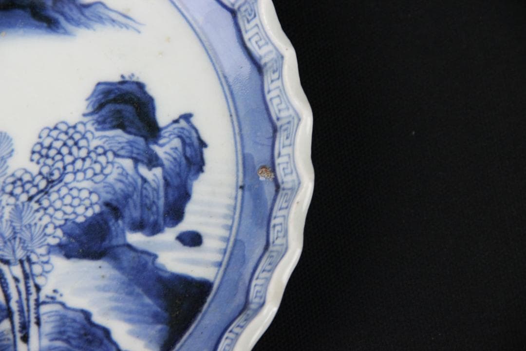 古伊万里 染付 山水 五枚 菓子皿 風景絵 江戸明治期 補修済み Eo21-7