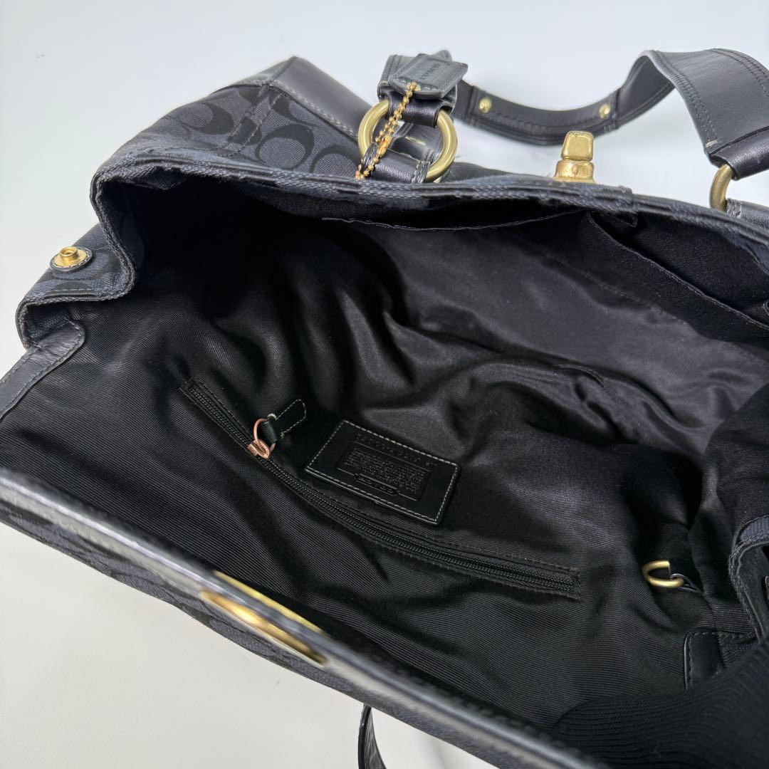 コーチ トートバッグ ターンロック シグネチャー レザー ゴールド金具 黒