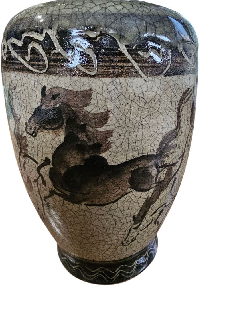 相馬焼 花瓶 花器 壺 陶芸 金彩 馬 双馬 高さ約28.5cm 骨董