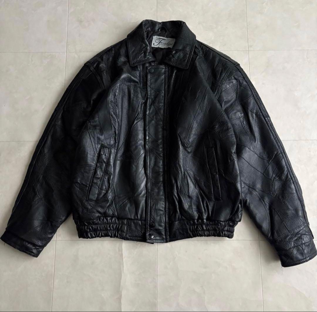 90s vintage レザーパッチワークボンバージャケット 黒My2k
