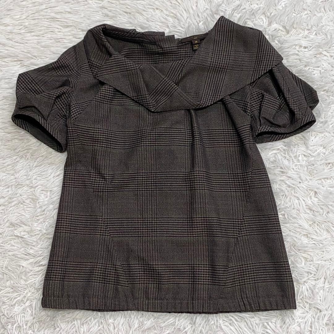 【希少】ルイヴィトン・ブラウス・チェック・バックボタン・グレー・シルク混・S相当