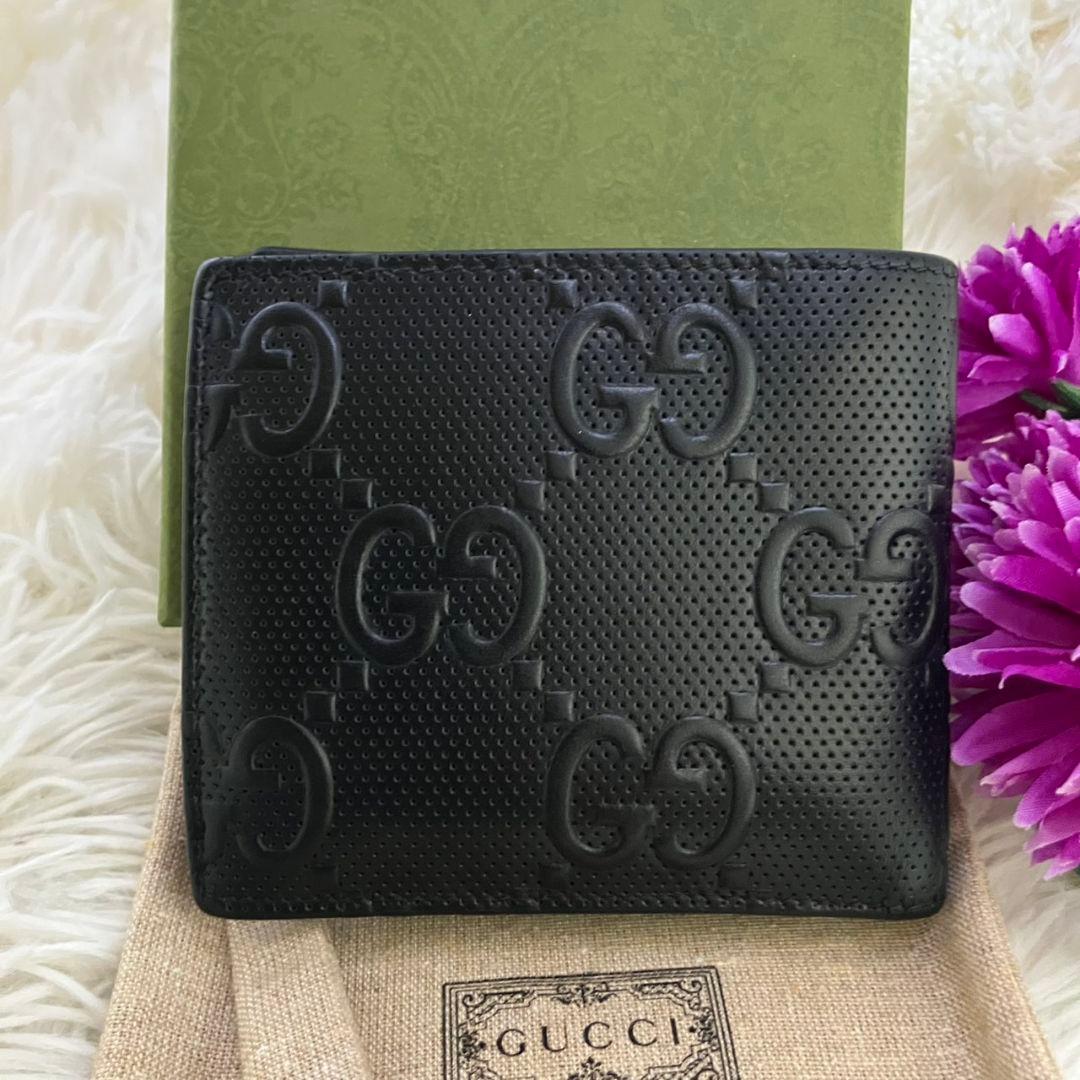 グッチ　二つ折り財布　GG柄　グッチシマ　レザー　ブラック　付属品完備