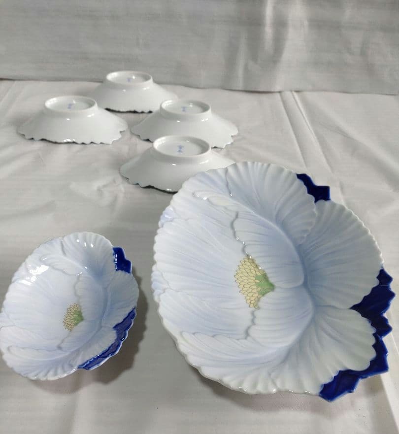 深川製磁　菓子器揃　牡丹彫6枚セット　銘々皿　大皿