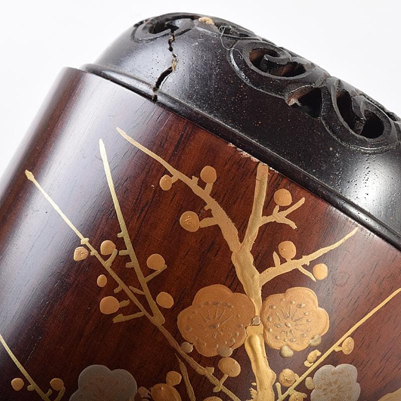 茶道具　荒木省山造　紫檀製　梅蒔絵　総彫蓋香炉　共箱　M　R7844