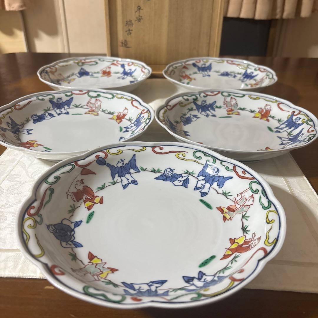 清水焼　京焼　平安瑞古　着彩唐子　皿　5枚