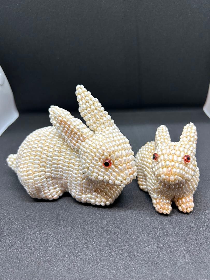 本淡水パール　ウサギの親子置物　ヴィンテージ　全身パールウサギ　縁起もの