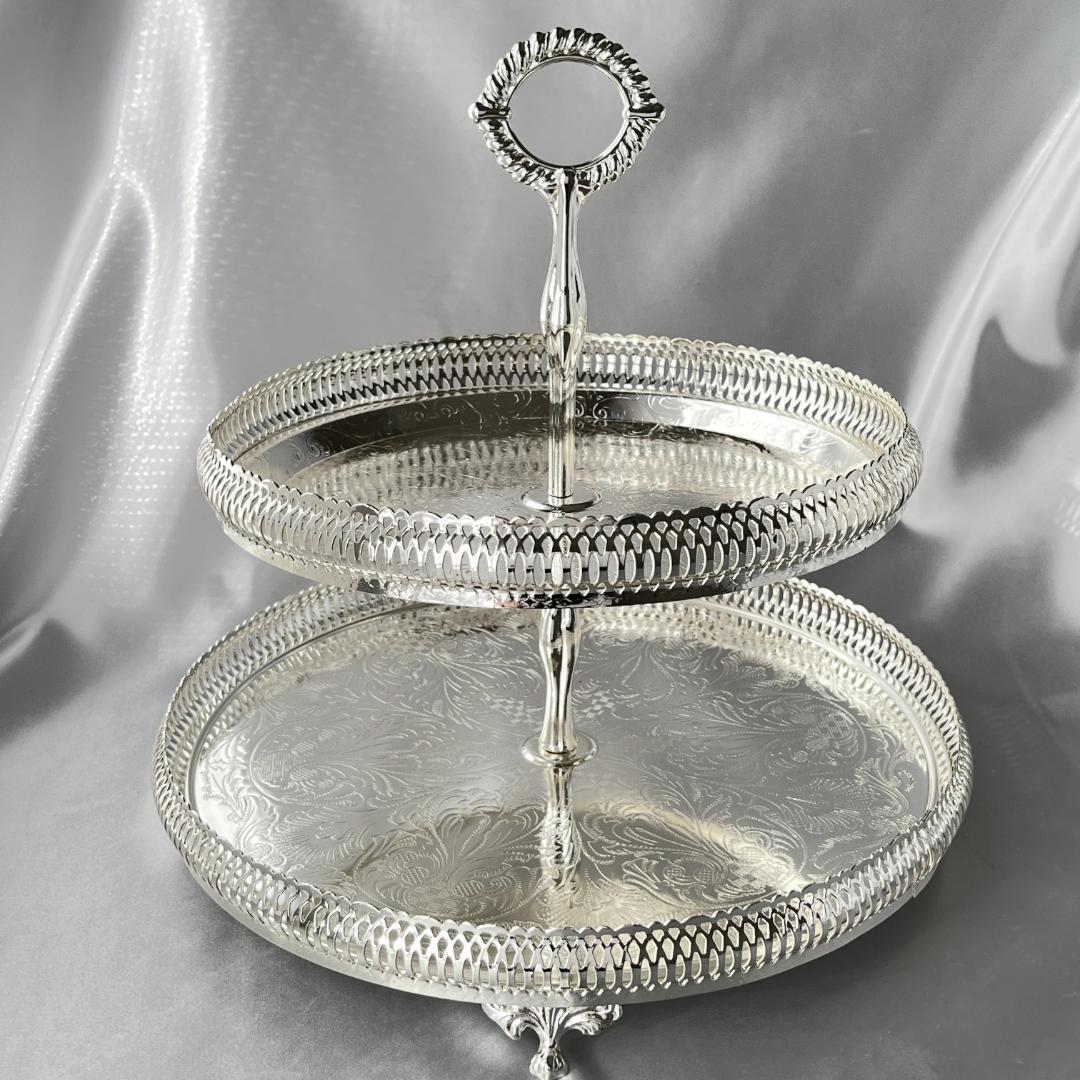 【QUEEN ANNE】 透かしのケーキスタンド 2段【シルバープレート】