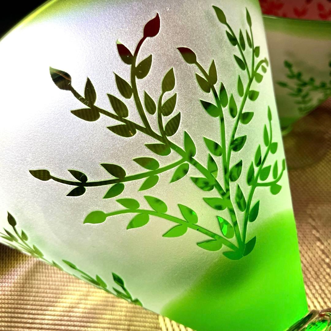 彫刻切子　エメラルドグリーン　サンドブラストデザートカップ　4客セット