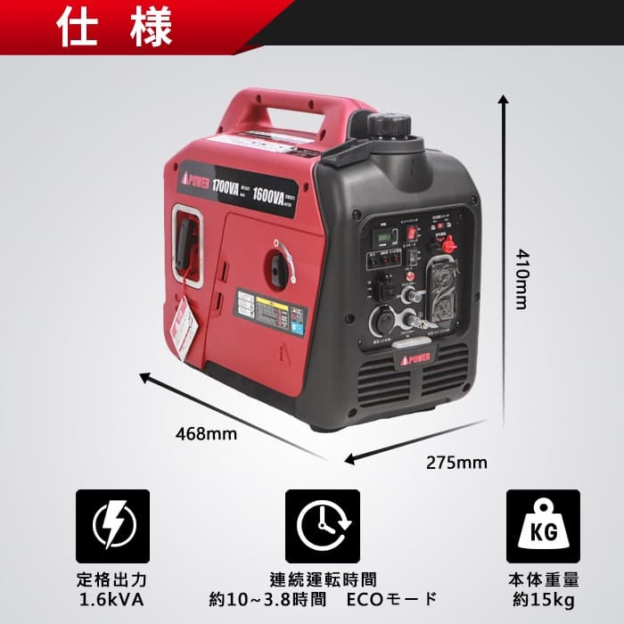 【Reins】インバーター発電機　定格1600w Aipower