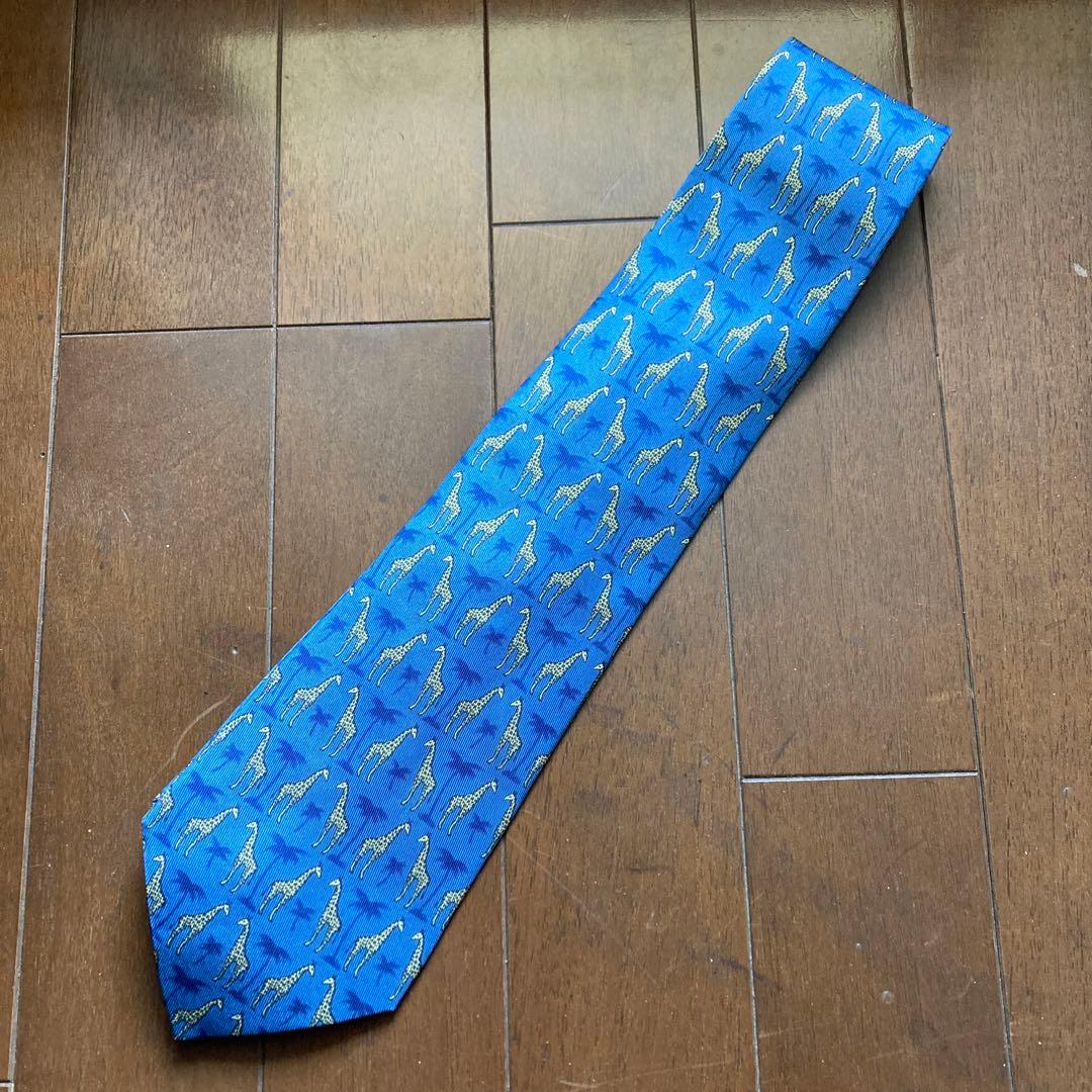 エルメス HERMES ネクタイ キリン シルク ブルー イエロー 青 黄色