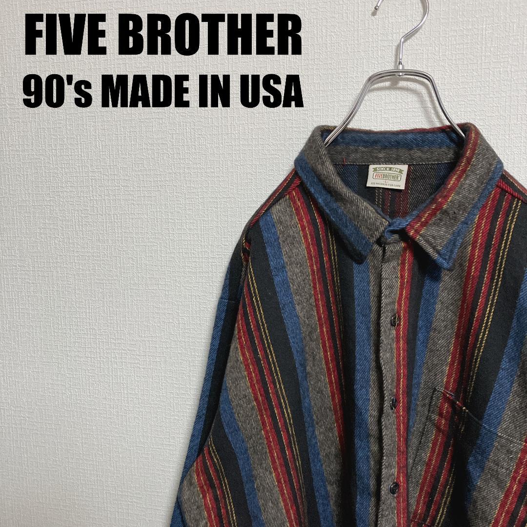 90sファイブブラザーFIVE BROTHERストライプヘビーネルシャツL米国製